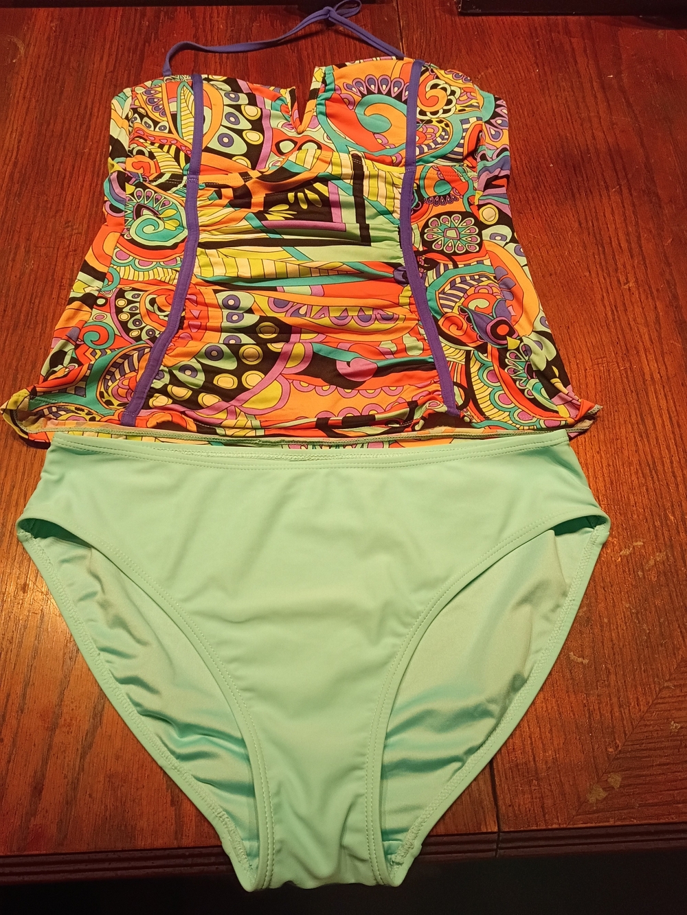 Multicolor Printed Tankini Top with Mint Bikini Bottom - Women's Swim
